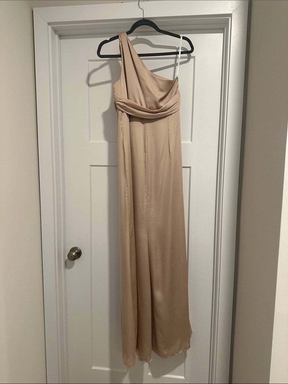Dessy Collection One-Shoulder Satin Gown in Champagne Beige - Picture 5 of 7